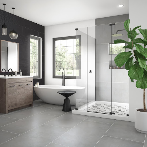 A modern bathroom with a plant in the corner